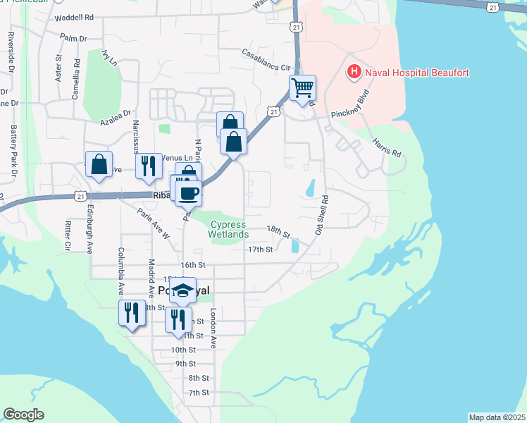 map of restaurants, bars, coffee shops, grocery stores, and more near 9 Hillstead Lane in Port Royal
