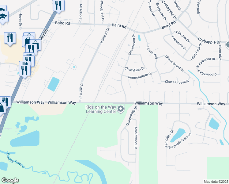 map of restaurants, bars, coffee shops, grocery stores, and more near 2550 North Cotswald Drive in Shreveport