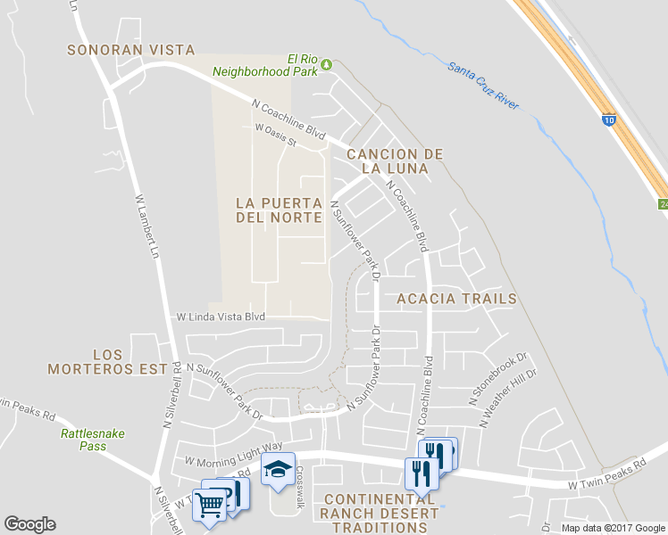 map of restaurants, bars, coffee shops, grocery stores, and more near 7579 West Mystic Sky Lane in Tucson
