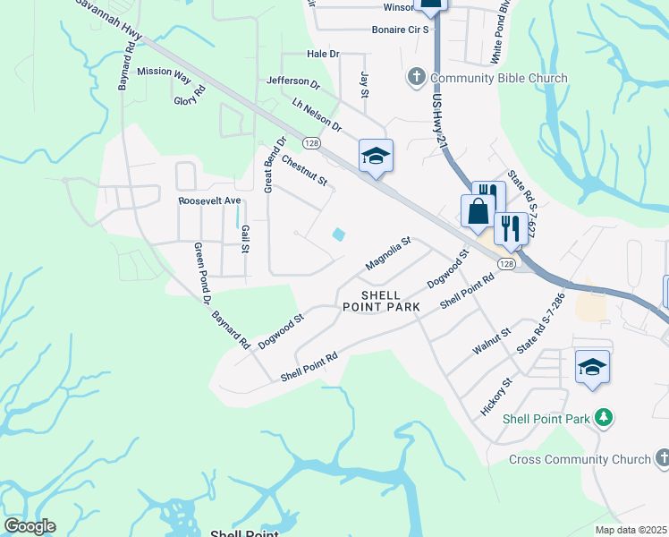 map of restaurants, bars, coffee shops, grocery stores, and more near 206 Great Bend Drive in Beaufort