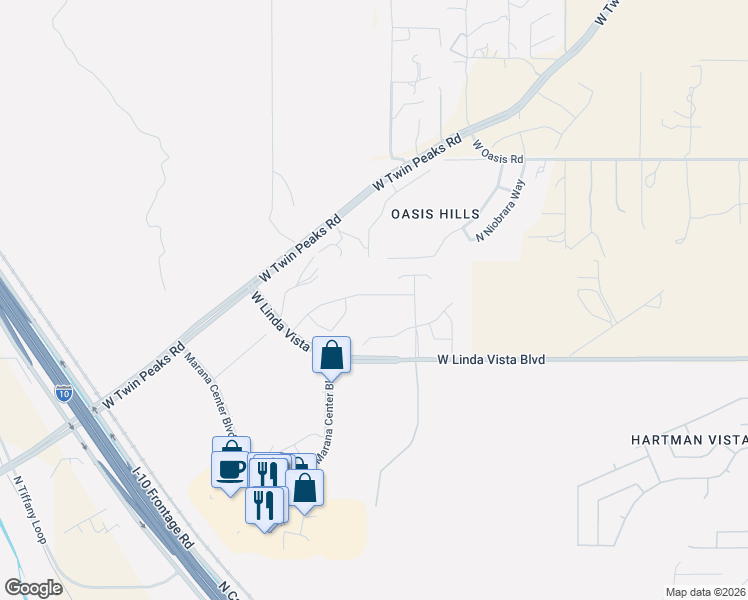map of restaurants, bars, coffee shops, grocery stores, and more near 6192 West Linda Vista Boulevard in Tucson