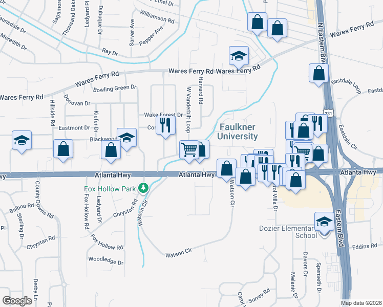 map of restaurants, bars, coffee shops, grocery stores, and more near 5157 Atlanta Highway in Montgomery