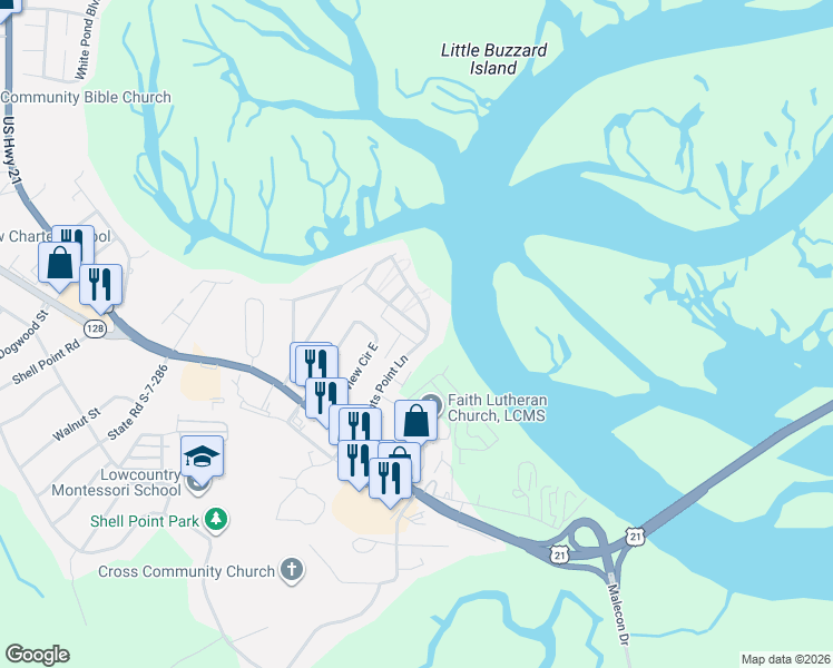 map of restaurants, bars, coffee shops, grocery stores, and more near 62 Wrights Point Circle in Beaufort