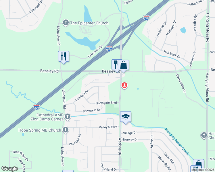 map of restaurants, bars, coffee shops, grocery stores, and more near 430 Fairfield Drive in Jackson