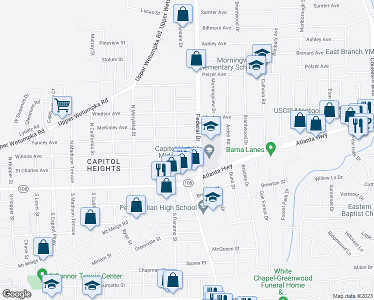map of restaurants, bars, coffee shops, grocery stores, and more near 2321 Winona Avenue in Montgomery