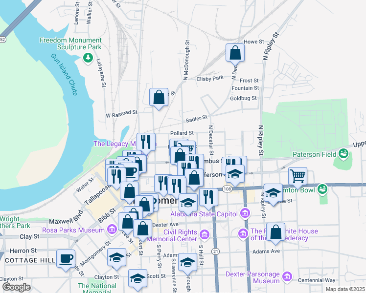 map of restaurants, bars, coffee shops, grocery stores, and more near Randolph Street in Montgomery