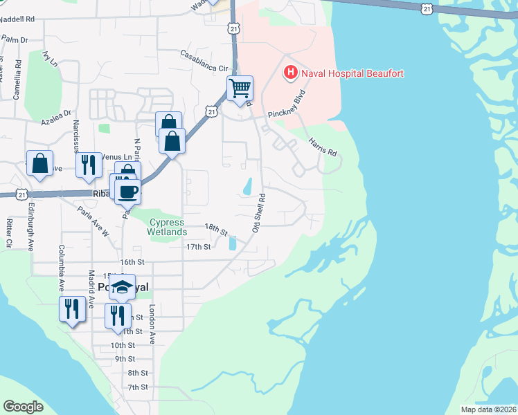 map of restaurants, bars, coffee shops, grocery stores, and more near 1712 Old Shell Road in Port Royal
