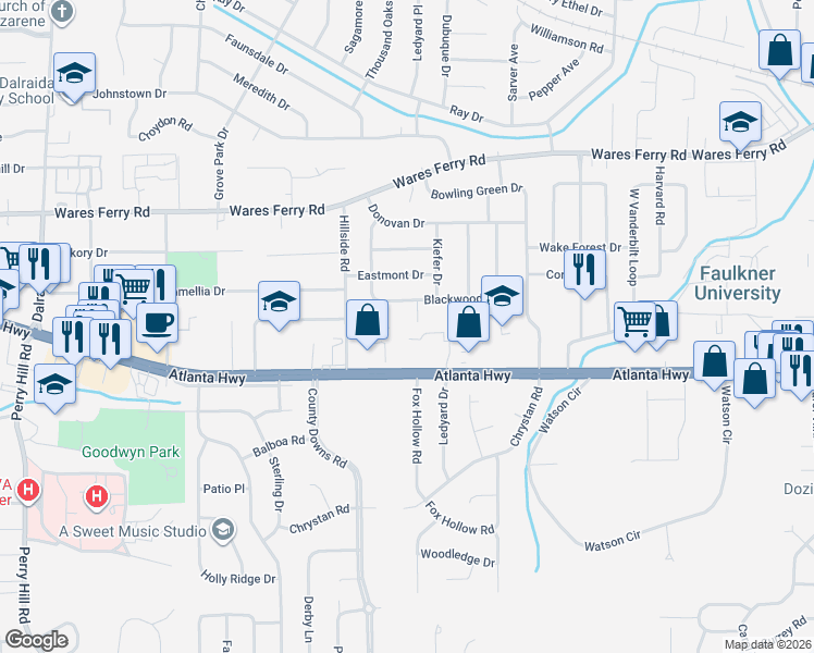 map of restaurants, bars, coffee shops, grocery stores, and more near 4361 Hillside Oaks in Montgomery