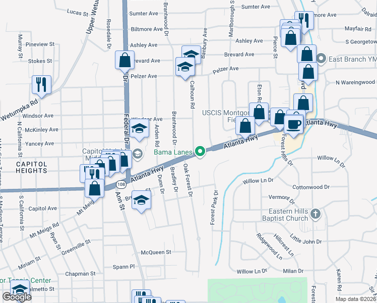 map of restaurants, bars, coffee shops, grocery stores, and more near 1 Calhoun Road in Montgomery