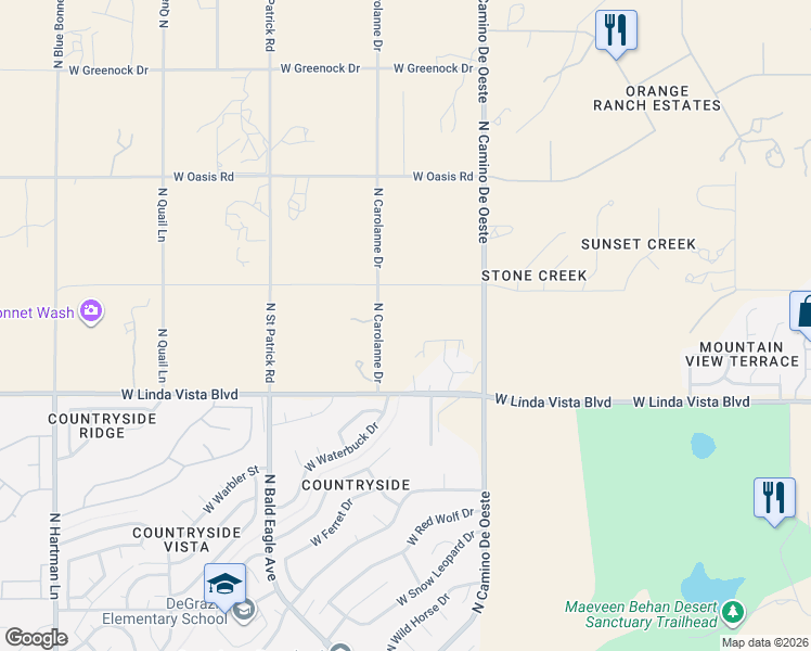 map of restaurants, bars, coffee shops, grocery stores, and more near 9724 North Carolanne Drive in Tucson