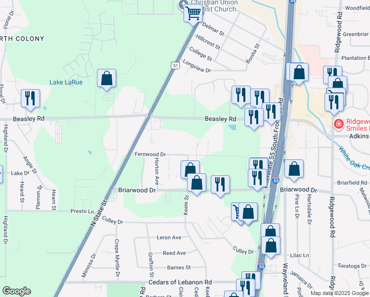 map of restaurants, bars, coffee shops, grocery stores, and more near 266 Fernwood Drive in Jackson