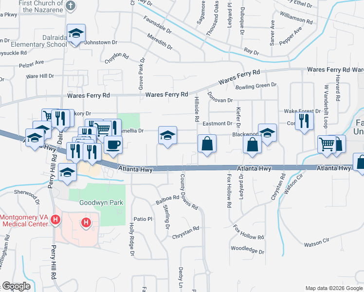 map of restaurants, bars, coffee shops, grocery stores, and more near 74 Ranch Drive in Montgomery
