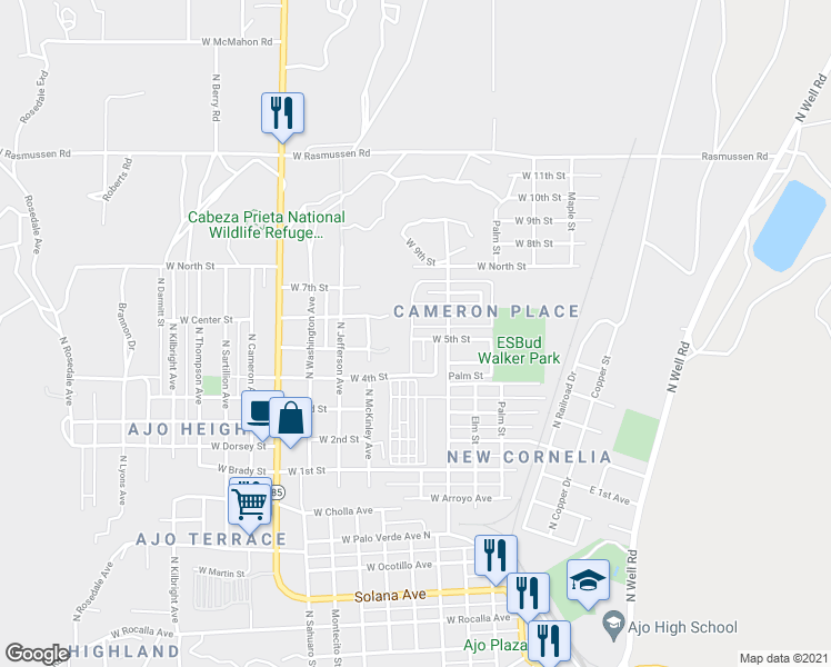 map of restaurants, bars, coffee shops, grocery stores, and more near 440 West 5th Street in Ajo