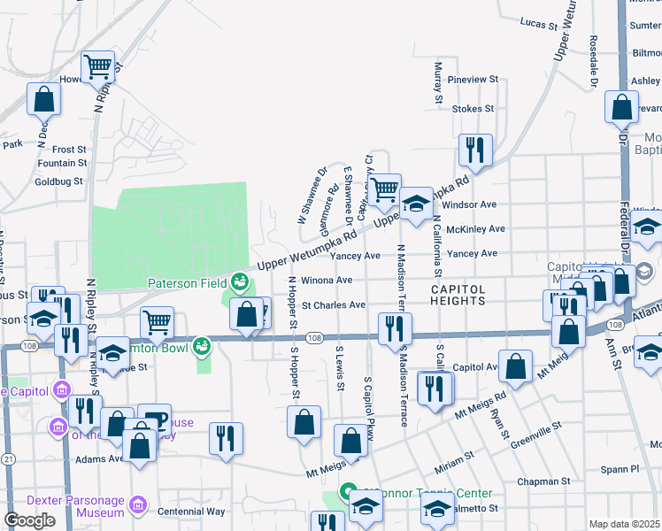 map of restaurants, bars, coffee shops, grocery stores, and more near 1616 Yancey Avenue in Montgomery