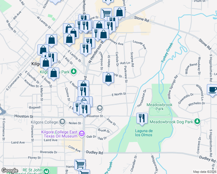 map of restaurants, bars, coffee shops, grocery stores, and more near 1212 Andrews Street in Kilgore