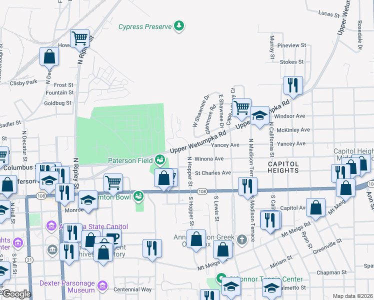 map of restaurants, bars, coffee shops, grocery stores, and more near 1422 Upper Wetumpka Road in Montgomery