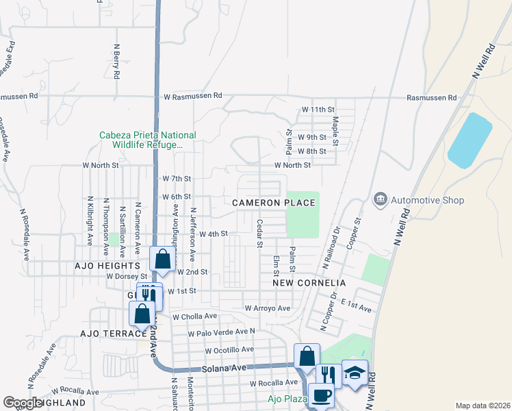 map of restaurants, bars, coffee shops, grocery stores, and more near 1301 Cedar Street in Ajo
