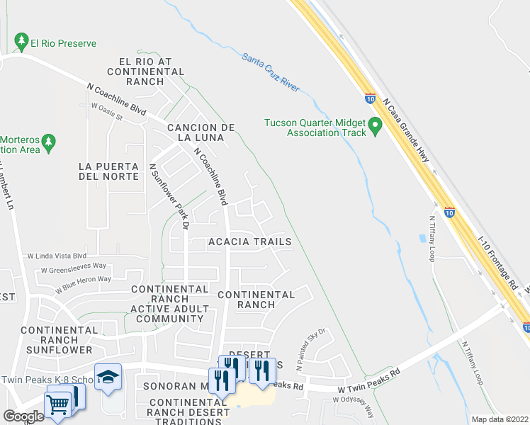 map of restaurants, bars, coffee shops, grocery stores, and more near 9725 North Stone Rock Drive in Tucson