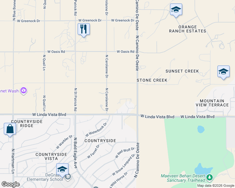 map of restaurants, bars, coffee shops, grocery stores, and more near 9724 North Carolanne Drive in Tucson