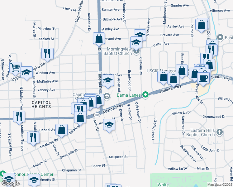 map of restaurants, bars, coffee shops, grocery stores, and more near 17 Arden Road in Montgomery