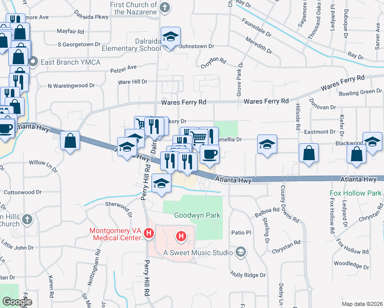 map of restaurants, bars, coffee shops, grocery stores, and more near 4029 Atlanta Highway in Montgomery
