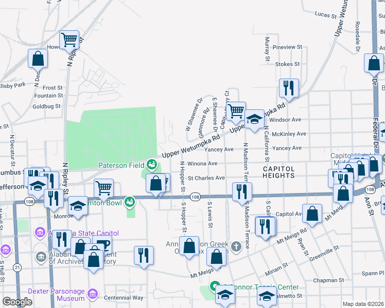 map of restaurants, bars, coffee shops, grocery stores, and more near 1526 Yancey Avenue in Montgomery