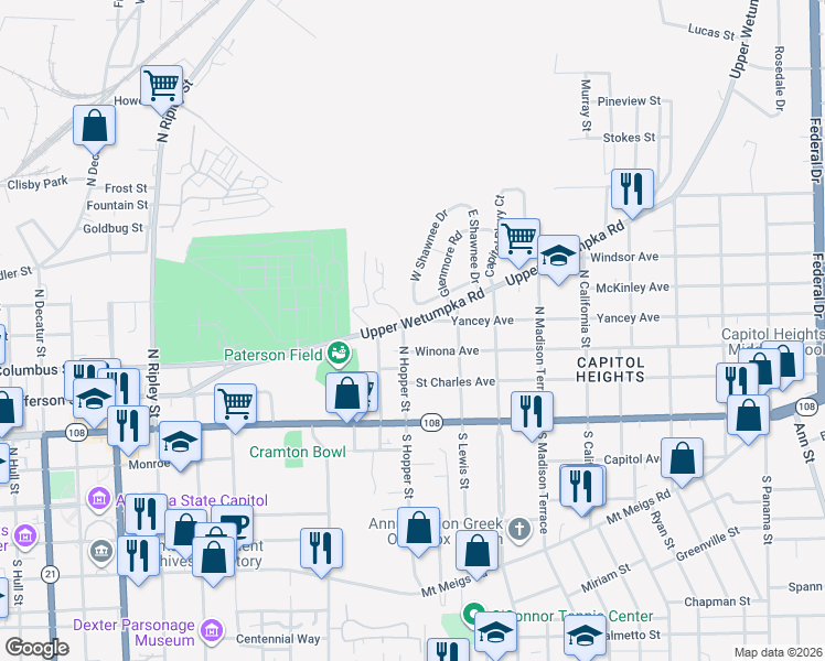 map of restaurants, bars, coffee shops, grocery stores, and more near 1422 Upper Wetumpka Road in Montgomery