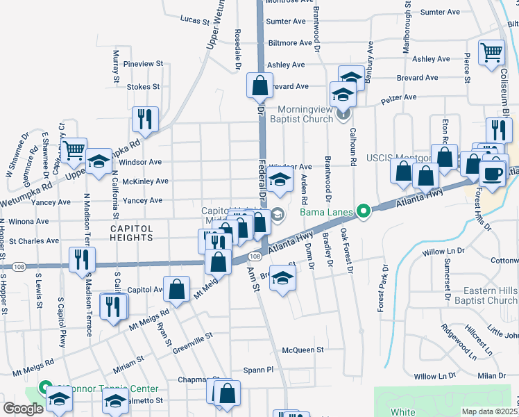 map of restaurants, bars, coffee shops, grocery stores, and more near 211 Federal Drive in Montgomery