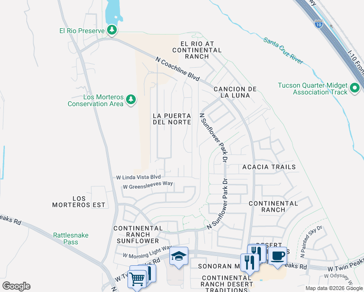 map of restaurants, bars, coffee shops, grocery stores, and more near 9739 North Summerstone Avenue in Tucson