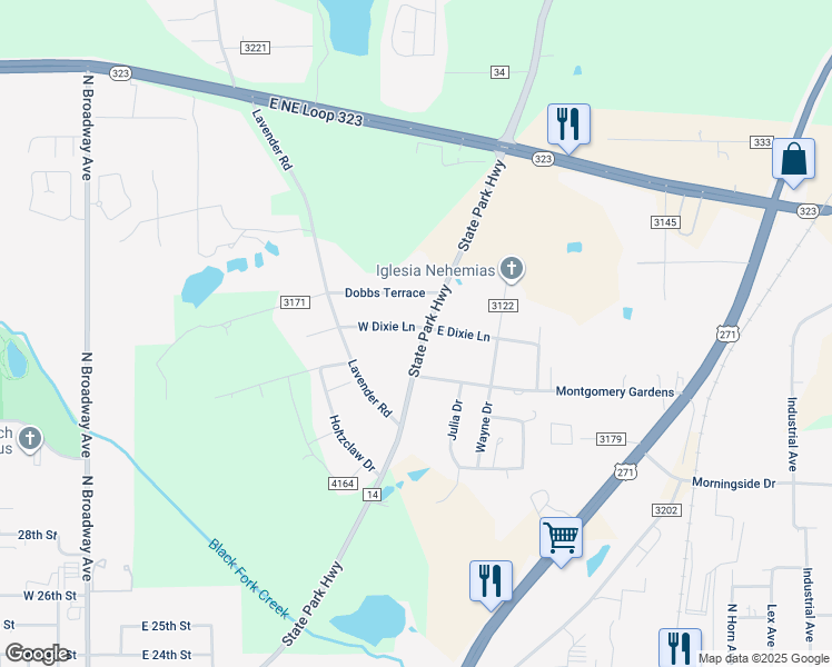 map of restaurants, bars, coffee shops, grocery stores, and more near 5659-5799 State Park Hwy in Tyler