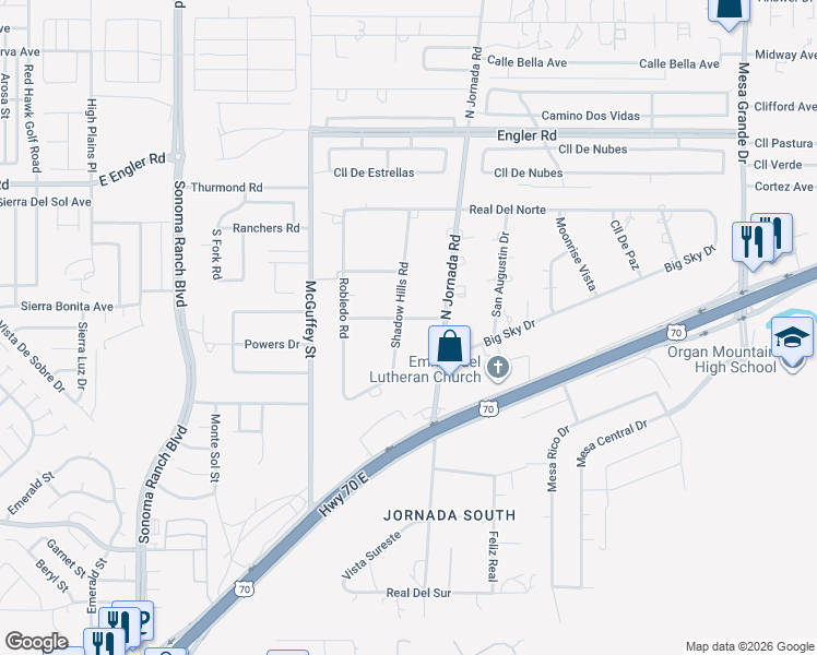 map of restaurants, bars, coffee shops, grocery stores, and more near 4300 Real La Luz in Las Cruces