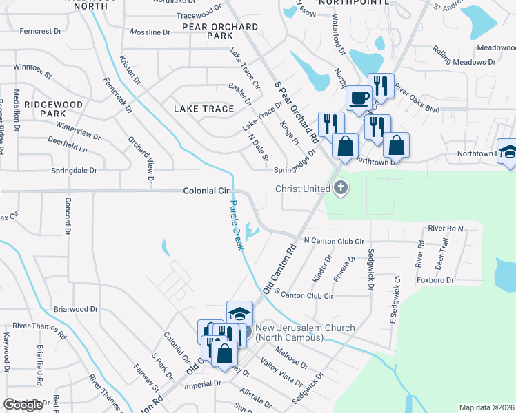 map of restaurants, bars, coffee shops, grocery stores, and more near 814 Colonial Cir in Jackson