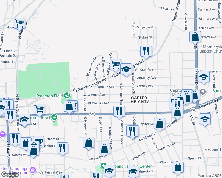 map of restaurants, bars, coffee shops, grocery stores, and more near 220 North Capitol Parkway in Montgomery