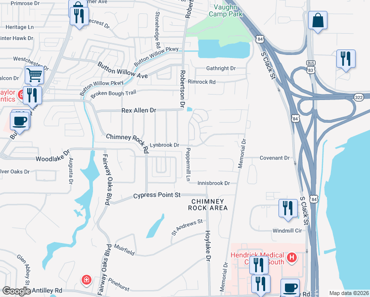 map of restaurants, bars, coffee shops, grocery stores, and more near 5302 Peppermill Lane in Abilene