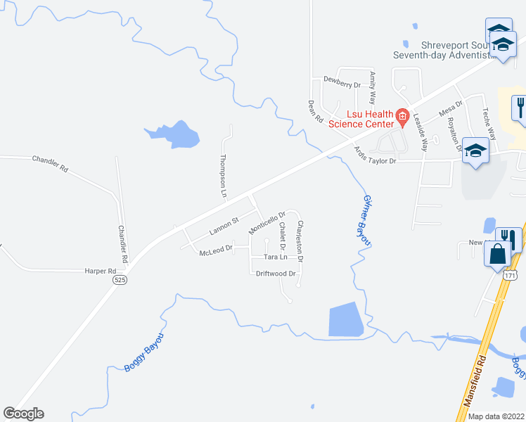 map of restaurants, bars, coffee shops, grocery stores, and more near 9613 Birdwell Lane in Shreveport