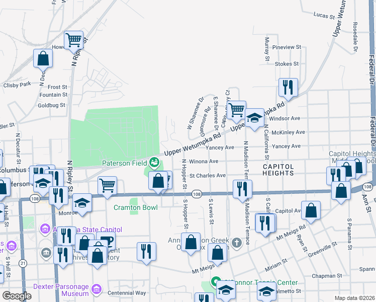 map of restaurants, bars, coffee shops, grocery stores, and more near 1422 Upper Wetumpka Road in Montgomery