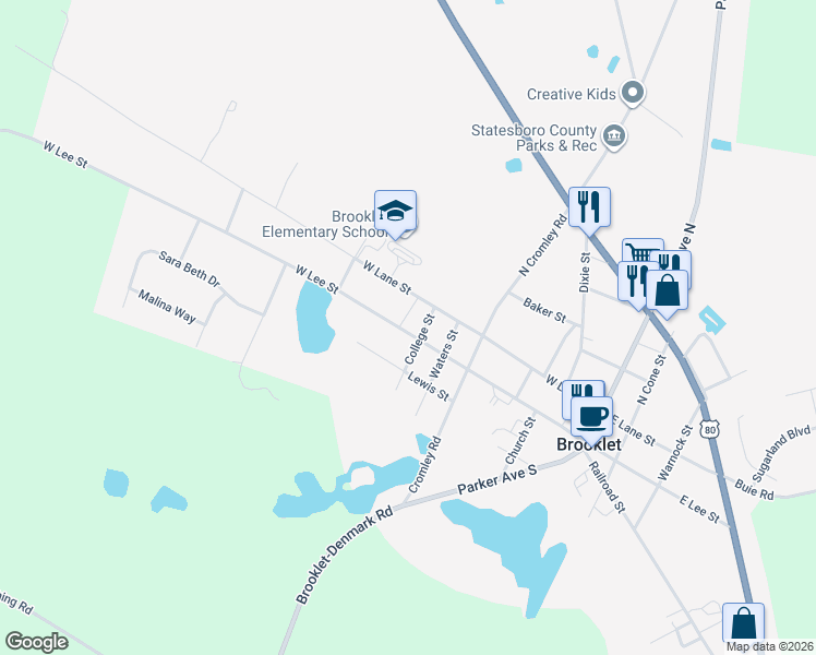 map of restaurants, bars, coffee shops, grocery stores, and more near 502 West Lee Street in Brooklet