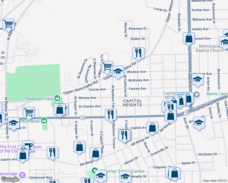 map of restaurants, bars, coffee shops, grocery stores, and more near 1802 Yancey Avenue in Montgomery