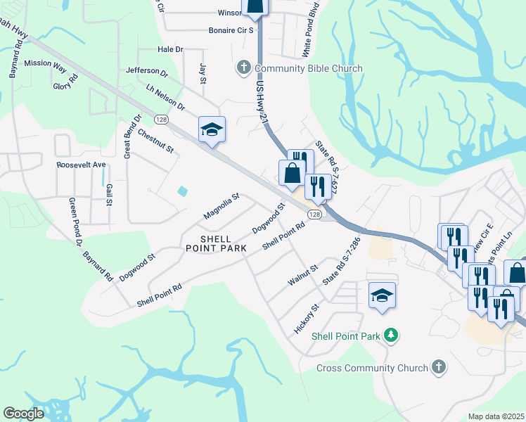 map of restaurants, bars, coffee shops, grocery stores, and more near 7002 Magnolia Street in Beaufort