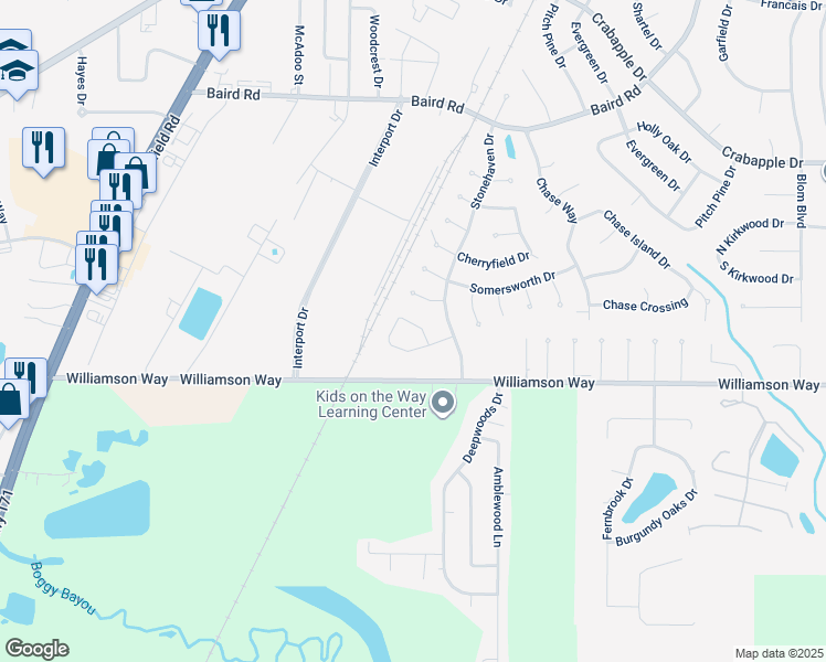 map of restaurants, bars, coffee shops, grocery stores, and more near 2544 North Cotswald Drive in Shreveport