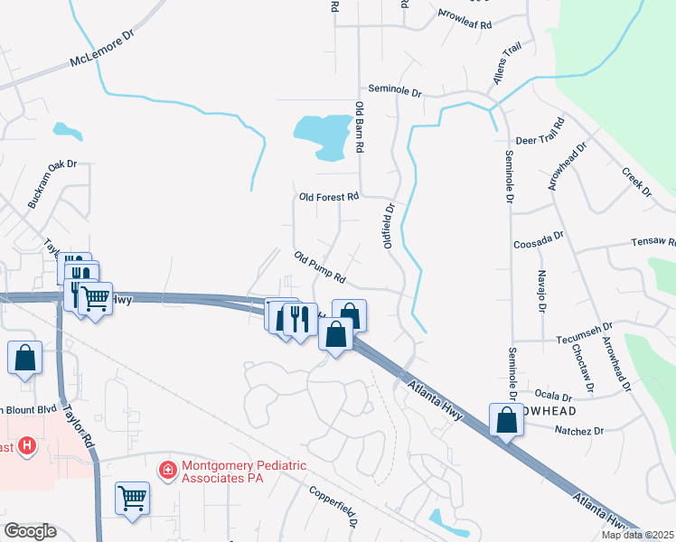 map of restaurants, bars, coffee shops, grocery stores, and more near 101 Old Pump Court in Montgomery