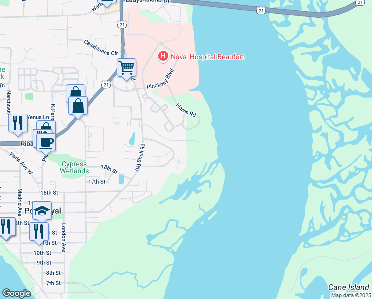 map of restaurants, bars, coffee shops, grocery stores, and more near 638 Fort Frederick Cir in Port Royal