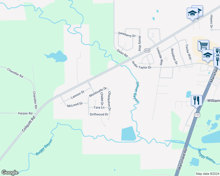 map of restaurants, bars, coffee shops, grocery stores, and more near 9705 Charleston Drive in Shreveport