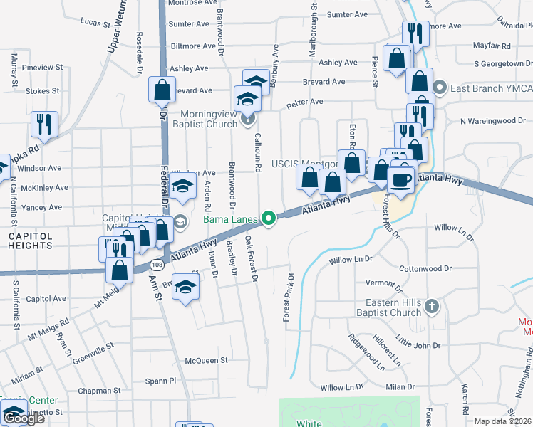 map of restaurants, bars, coffee shops, grocery stores, and more near 2 Calhoun Road in Montgomery