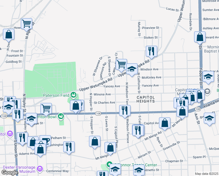 map of restaurants, bars, coffee shops, grocery stores, and more near 1616 Yancey Avenue in Montgomery