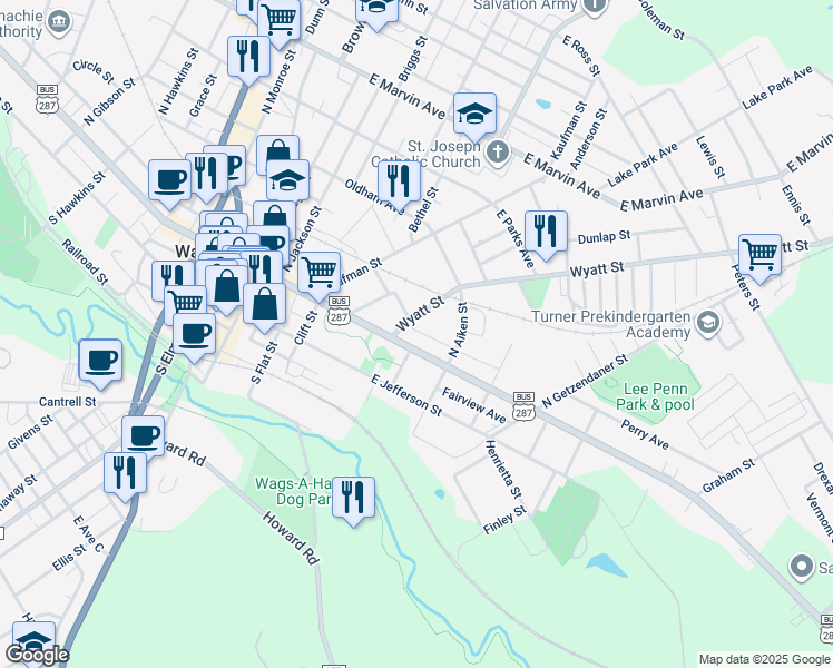 map of restaurants, bars, coffee shops, grocery stores, and more near 106 Frierson Street in Waxahachie