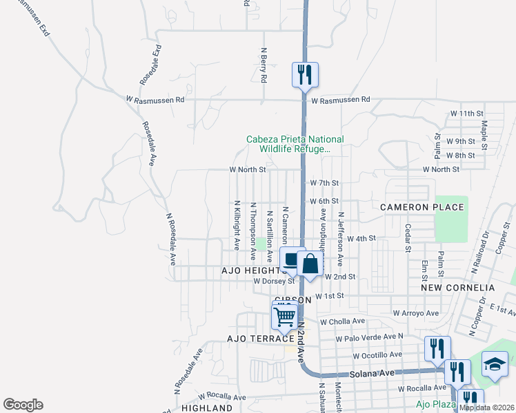 map of restaurants, bars, coffee shops, grocery stores, and more near 1350 North Thompson Avenue in Ajo