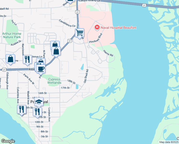 map of restaurants, bars, coffee shops, grocery stores, and more near 1712 Old Shell Rd in Port Royal