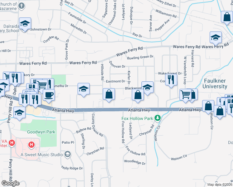 map of restaurants, bars, coffee shops, grocery stores, and more near 4361 Hillside Oaks in Montgomery