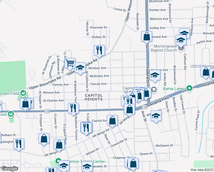 map of restaurants, bars, coffee shops, grocery stores, and more near 2028 Yancey Ave in Montgomery